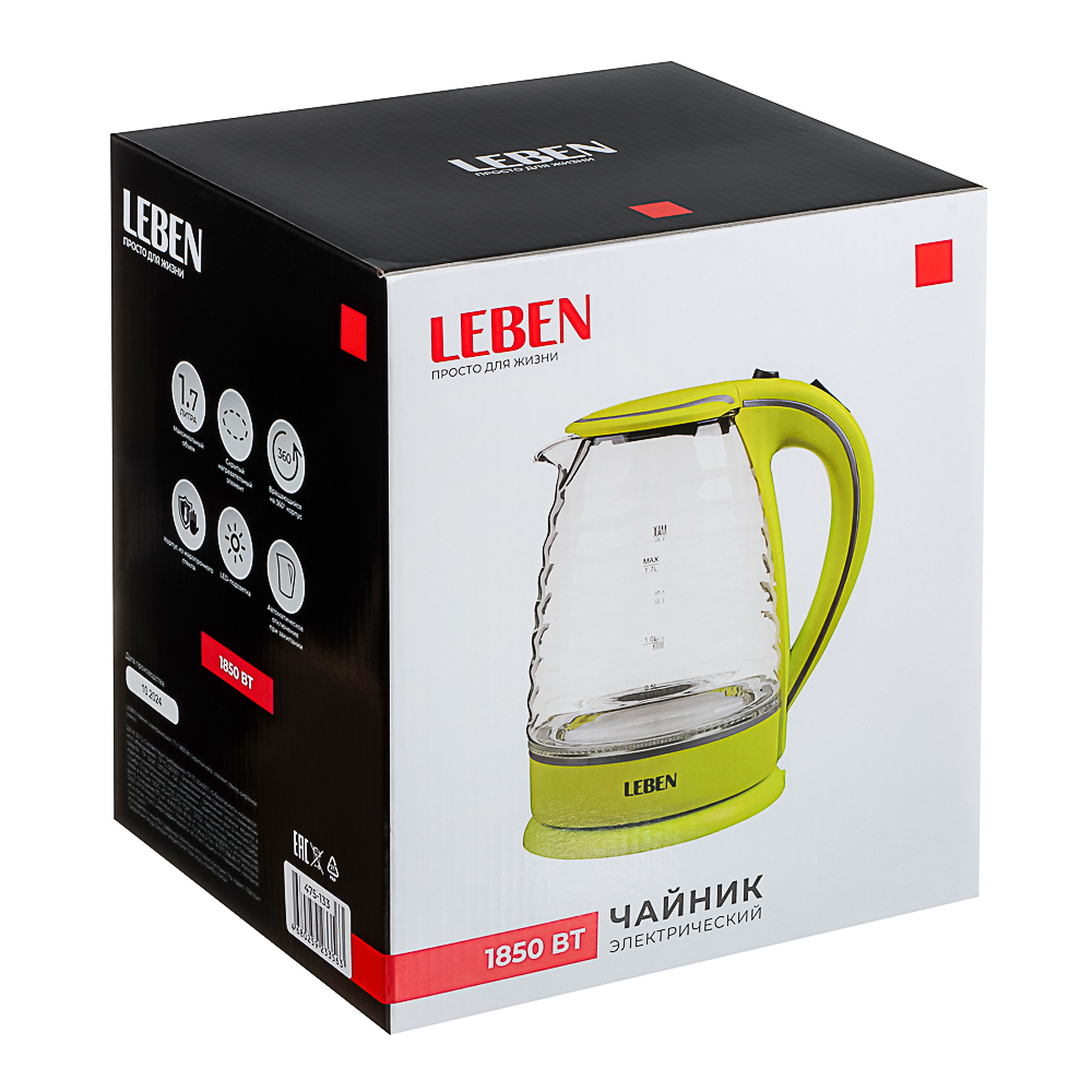 LEBEN Чайник электрический 1,7л, 1850Вт, скрытый нагр.элемент, стекло, рифлёное стекло, арт.№ 475-133