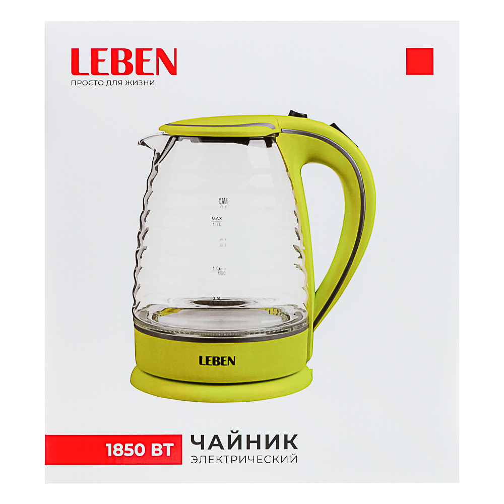 LEBEN Чайник электрический 1,7л, 1850Вт, скрытый нагр.элемент, стекло, рифлёное стекло, арт.№ 475-133