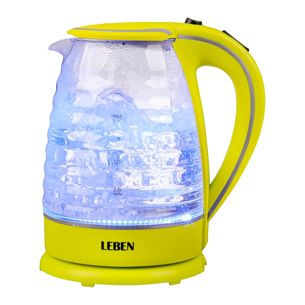 LEBEN Чайник электрический 1,7л, 1850Вт, скрытый нагр.элемент, стекло, рифлёное стекло, арт.№ 475-133