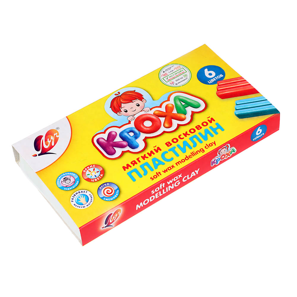 ЛУЧ Пластилин "Кроха", восковой, 6 цветов, 90 грамм, со стеком, в картонной коробке, 12С 863-08, арт.№ 239-059