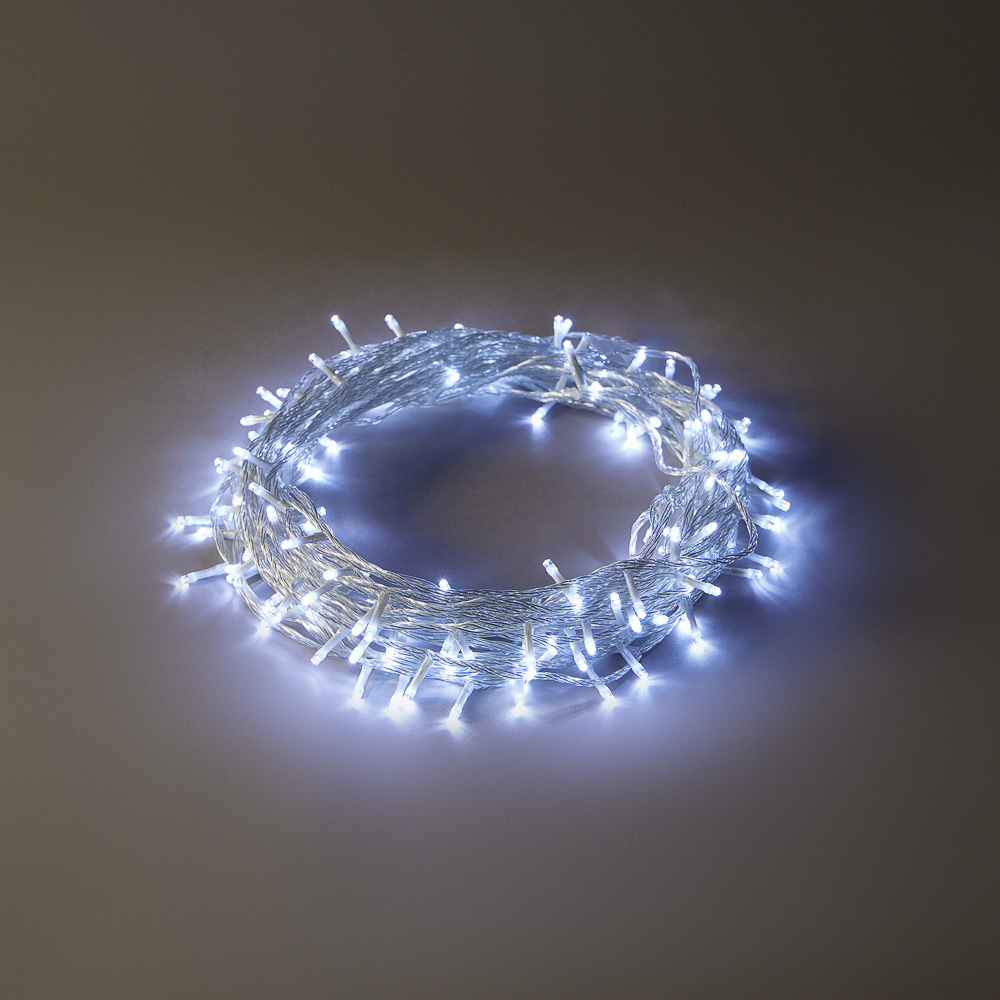 Гирлянда уличная вьюн 20 м BY, 160 LED ламп, белое свечение, ПВХ прозрачный, 8 режимов, коннект, 220В (24В), IP54, арт.№ 351-781