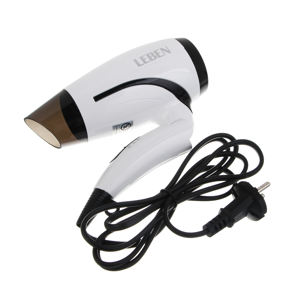 LEBEN Фен для волос, складной, 1200 Вт, 2 скорости, бело-черный, концентратор, арт.№ 259-228