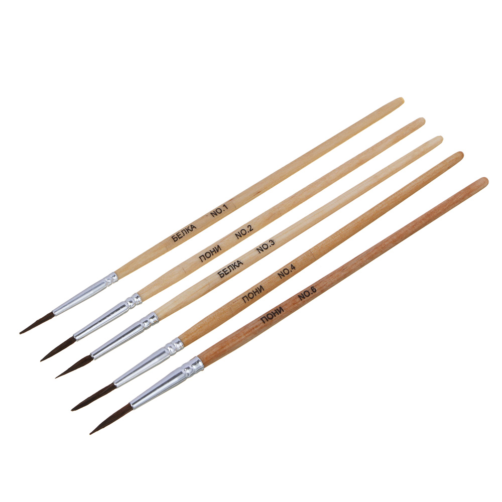 Набор кистей 5 шт: белка №1,3 волос пони № 2,4,6, в пакете с подвесом, арт.№ 229-061