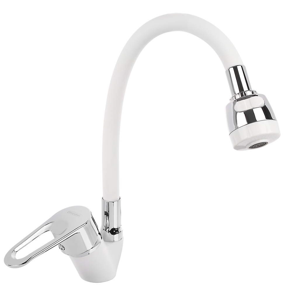 СоюзКран Смеситель для кухни, гибкий излив, керам. картридж 40мм, белый/хром, цинк, SK01-F125, арт.№ 567-164