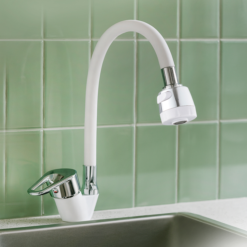 СоюзКран Смеситель для кухни, гибкий излив, керам. картридж 40мм, белый/хром, цинк, SK01-F125, арт.№ 567-164