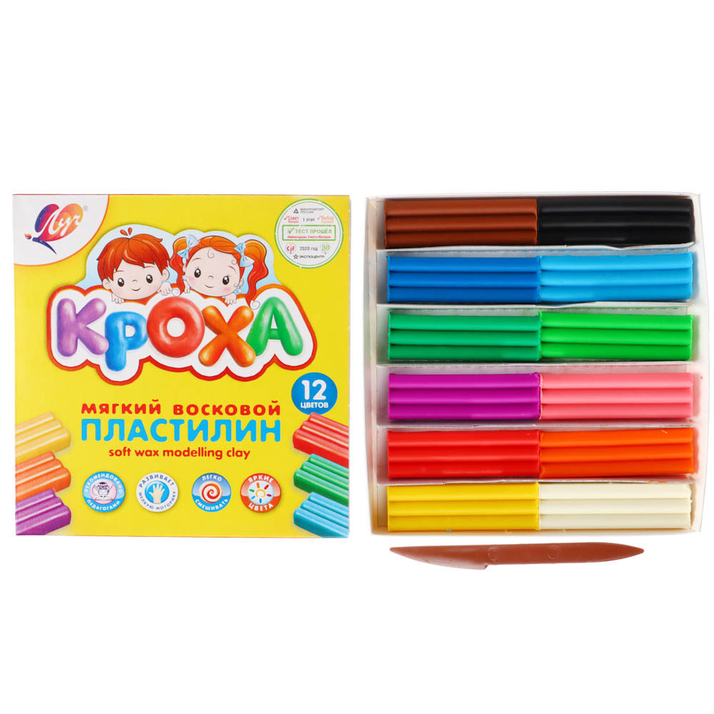 ЛУЧ Пластилин "Кроха", восковой, 12 цветов, 180 грамм, со стеком, в картонной коробке, арт.№ 239-061