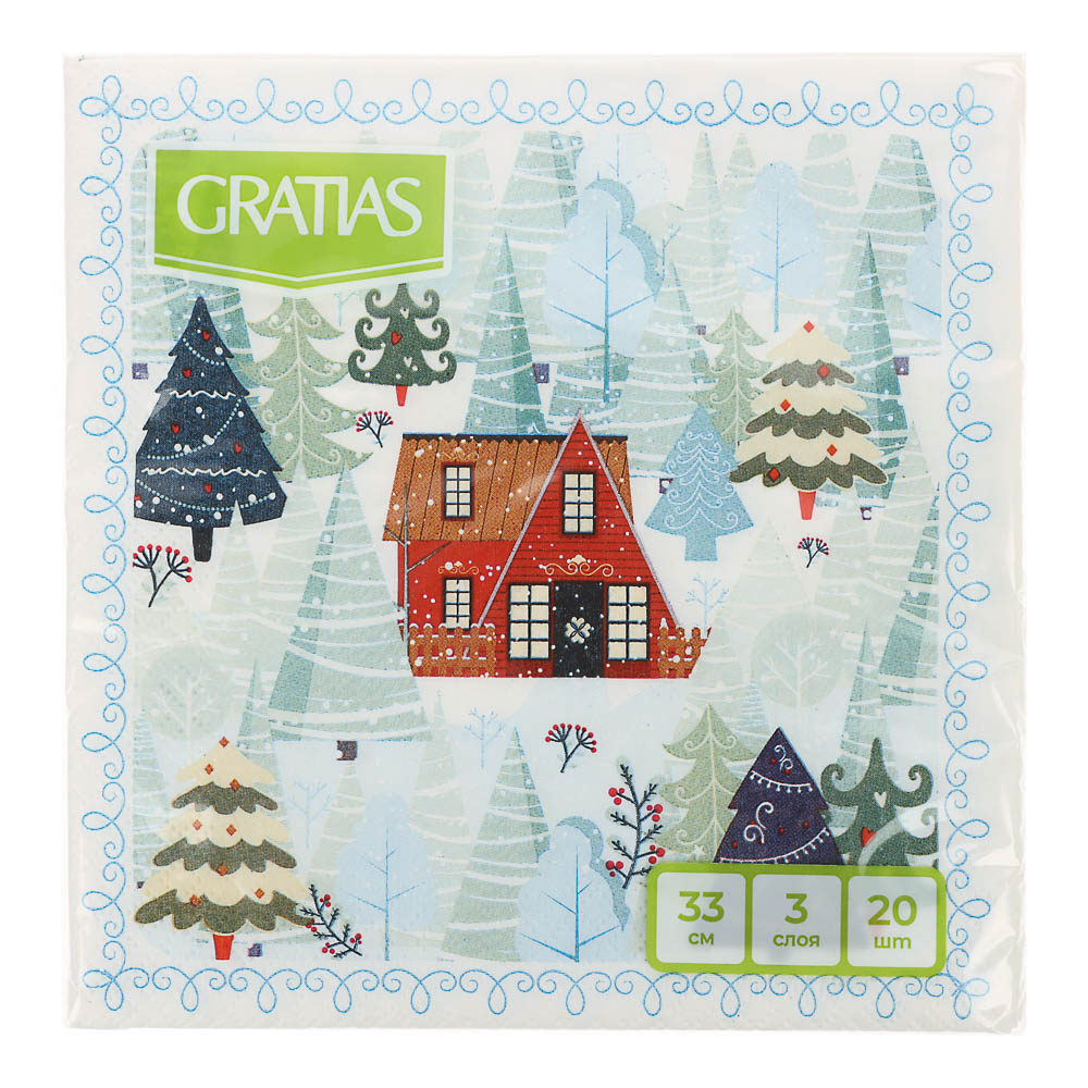 Салфетки бумажные Gratias 3 слоя, 33 см, 4 дизайна, 20шт., арт.№ 912-022