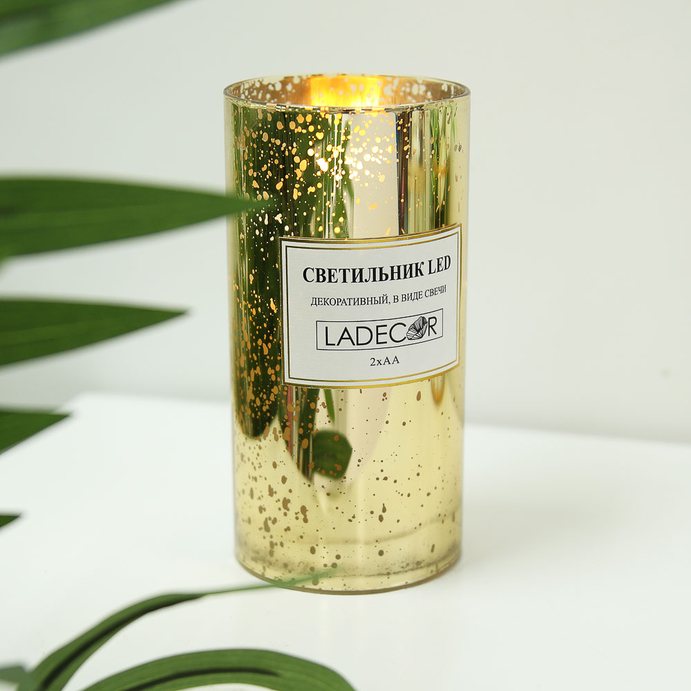 Светильник декоративный LED, стекло, парафин, 7,6x15 см, 2xАА, 1 режим свечения, 6 цветов, арт.№ 396-858