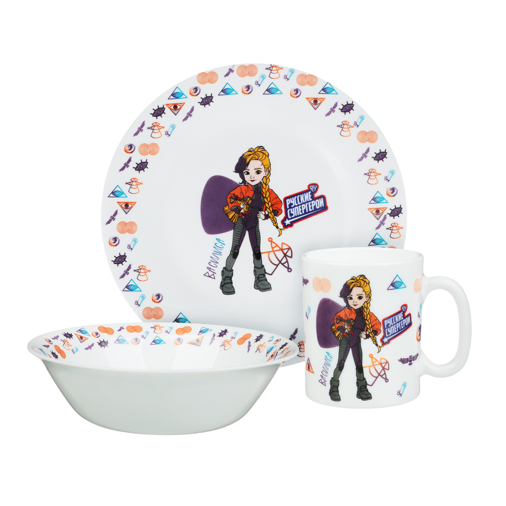 BY Русские Супергерои Василиса Набор посуды 3 пред, тар. 20см, сал.500мл, кружка 300мл, опал, под.уп, арт.№ 818-050