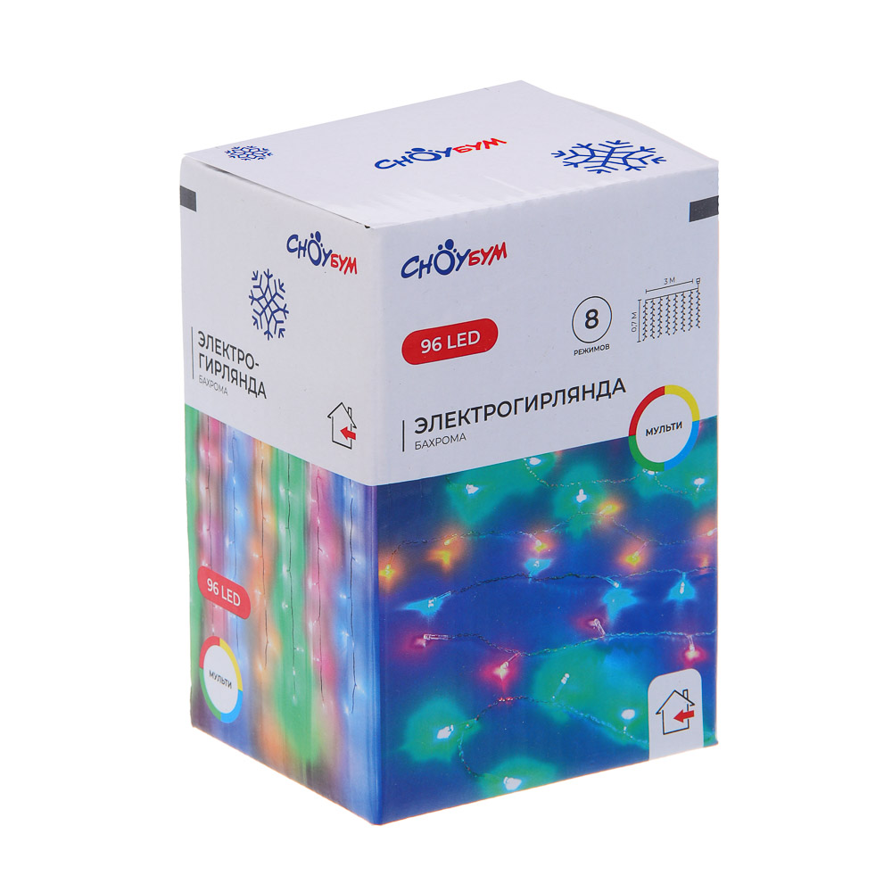 Гирлянда бахрома 3x0,7 м СНОУ БУМ, 96 LED ламп, свечение мультицвет, ПВХ прозрачный, 8 режимов, коннектор, 220В, арт.№ 382-015