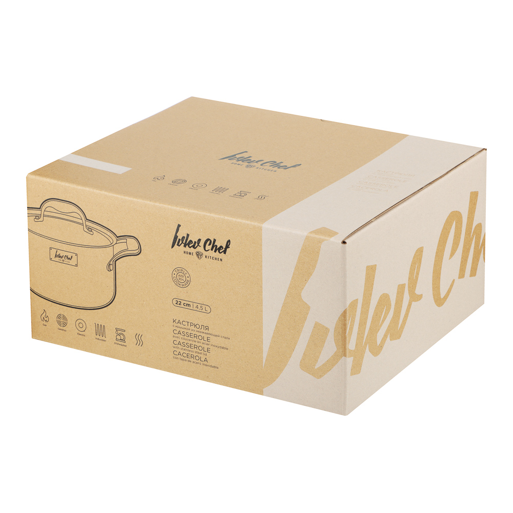Ivlev Chef Ladoga Кастрюля 22х12,5см 4,5л, с нерж. крышкой, индукция, нерж.сталь 18/10, арт.№ 822-256