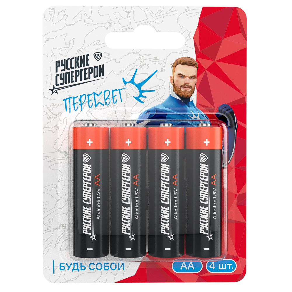 Батарейки AA BY Русские Супергерои 4шт в блистере, щелочные, Герои, ПЕРЕСВЕТ, арт.№ 917-020