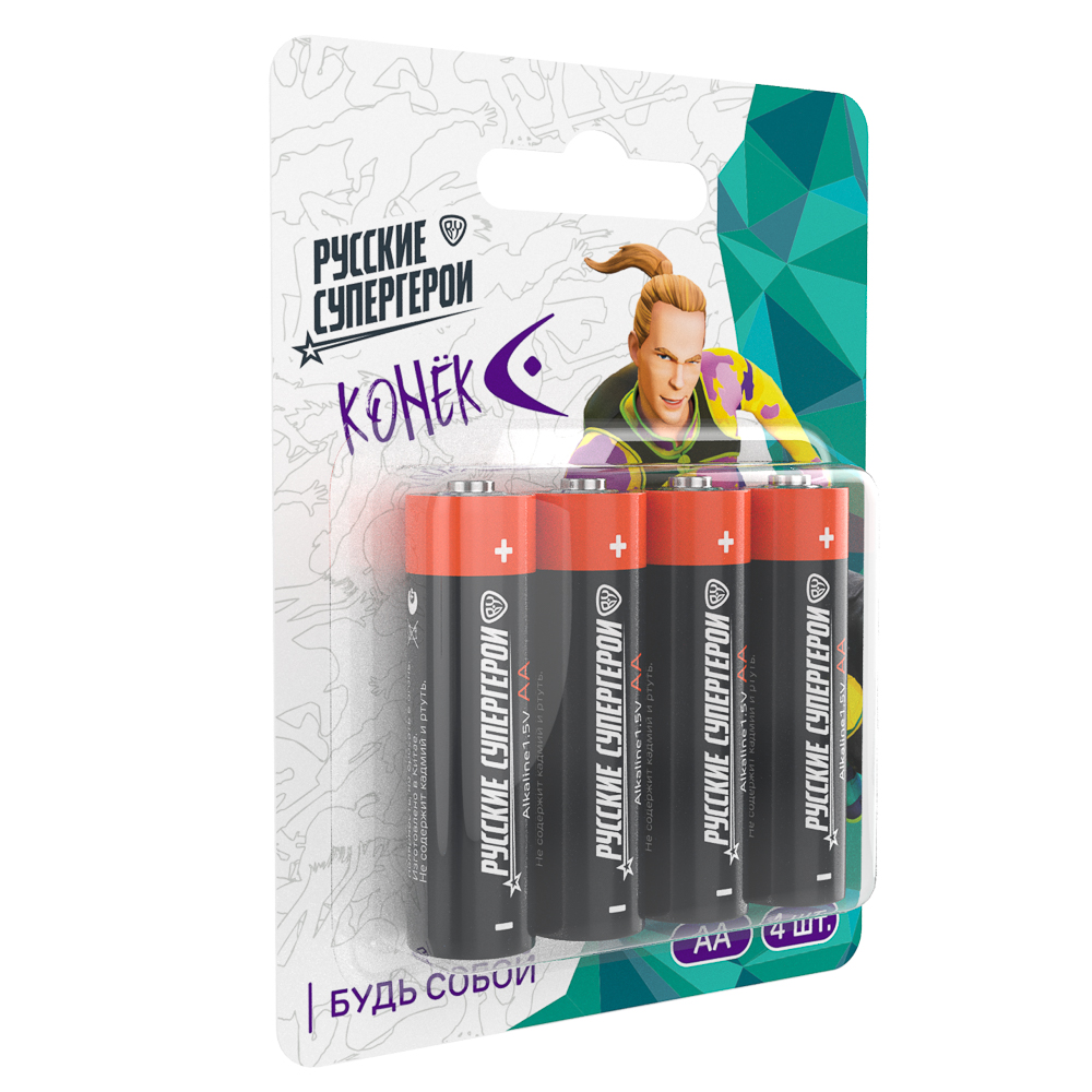 Батарейки AA BY Русские Супергерои 4шт в блистере, щелочные, Герои, КОНЁК, арт.№ 917-022