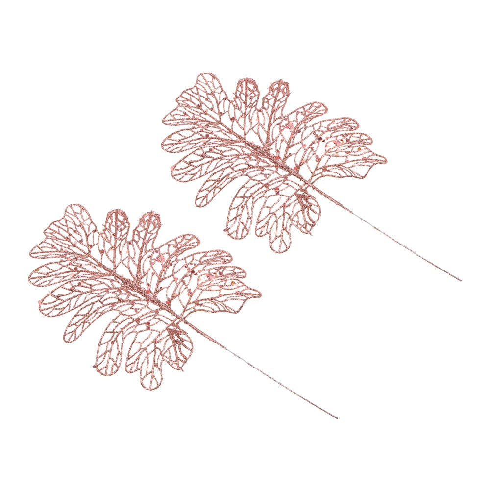 СНОУ БУМ Набор декоративных украшений листья, 2 шт, 18x26 см, пластик, глиттер, розовое золото, арт.№ 397-026