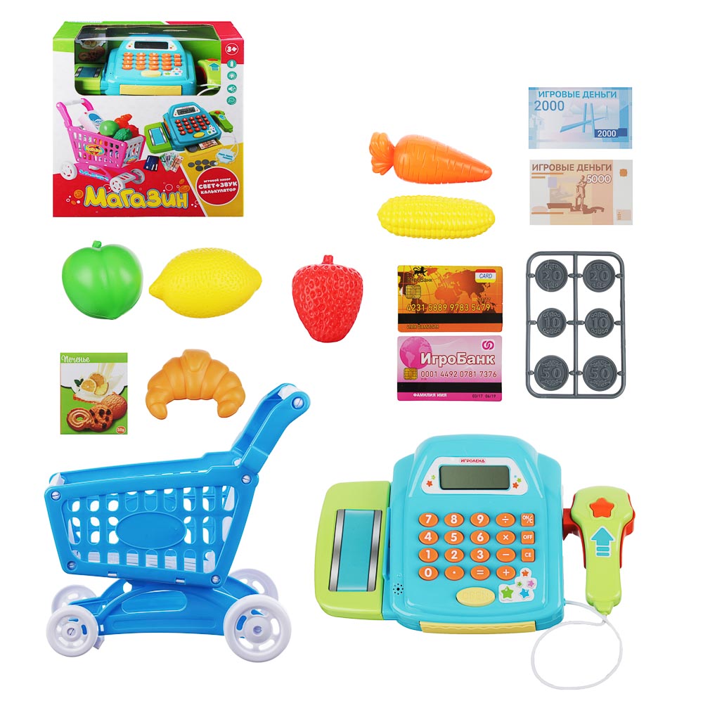 ИГРОЛЕНД Набор Магазин: касса,продукты, тележка,22пр, свет, звук, 2хАА,ABS,PVC,24х12х24см, 2 дизайна, арт.№ 294-130