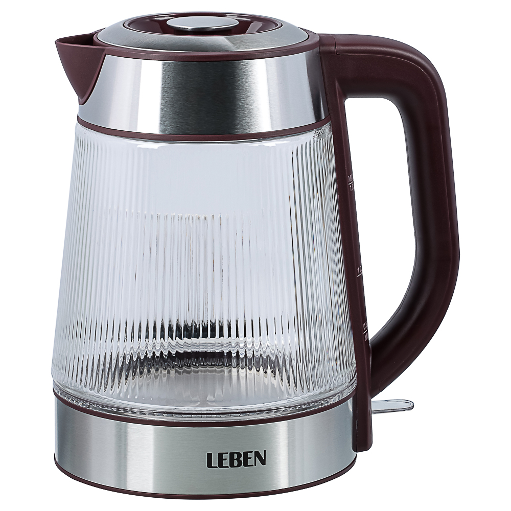 LEBEN Чайник электрический стеклянный 1,8л 1850 Вт рифленое стекло, бордовый, арт.№ 291-132