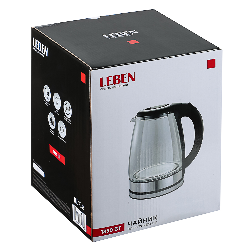 LEBEN Чайник электрический 1,8л стекло, черный, арт.№ 291-133