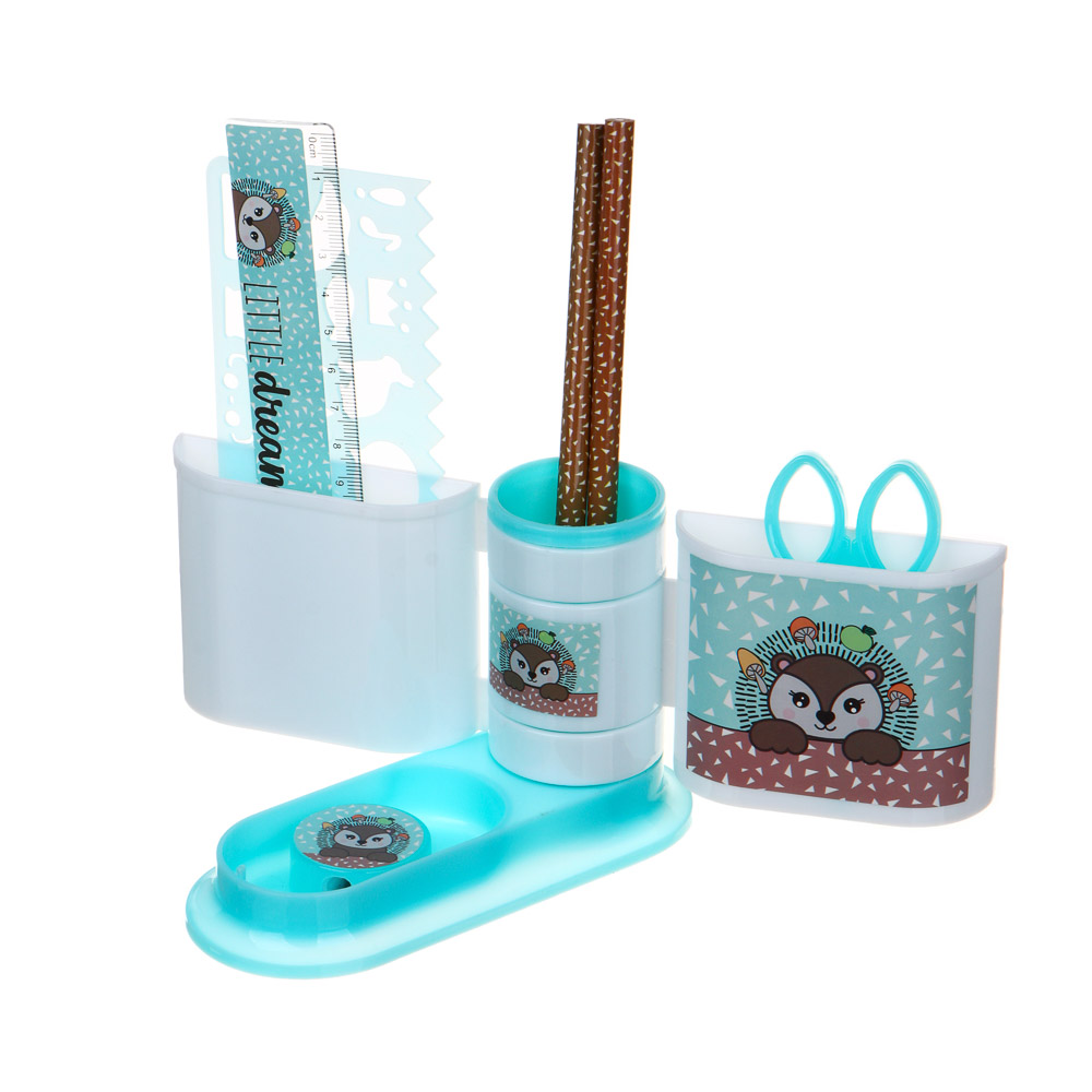 ЕЖИК Органайзер канц. 4 отд., 7 пр.:(ножн., 2 кар., точилка, трафарет, линейка, подст.), пл., арт.№ 234-052