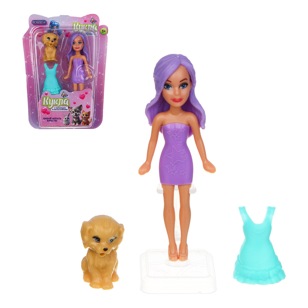 ИГРОЛЕНД Кукла 9 см с питомцем, ABS, PP, 9,5х2,5х12,5 см, 4 дизайна, арт.№ 436-145