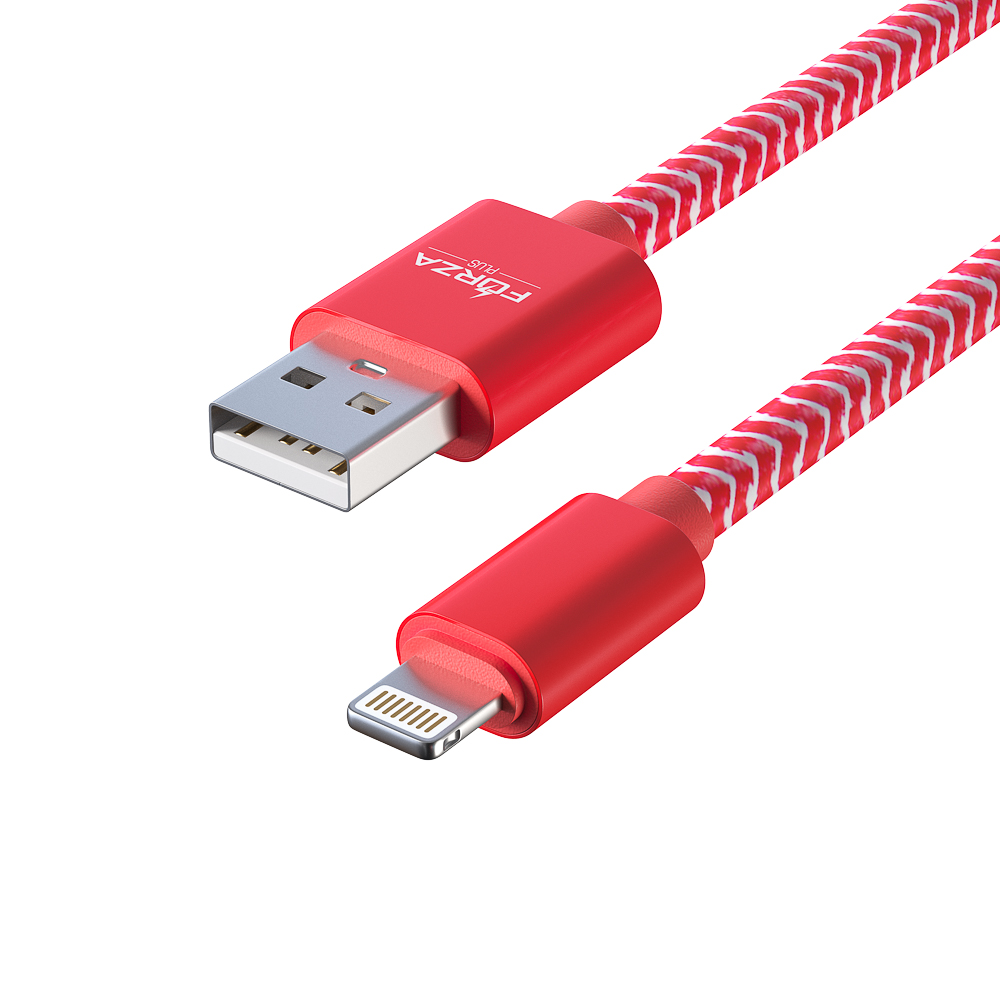 Кабель для зарядки USB(A)-iP FORZA Волна, 1м, 2А, тканевая оплётка, 4 цвета, пакет, арт.№ 916-231