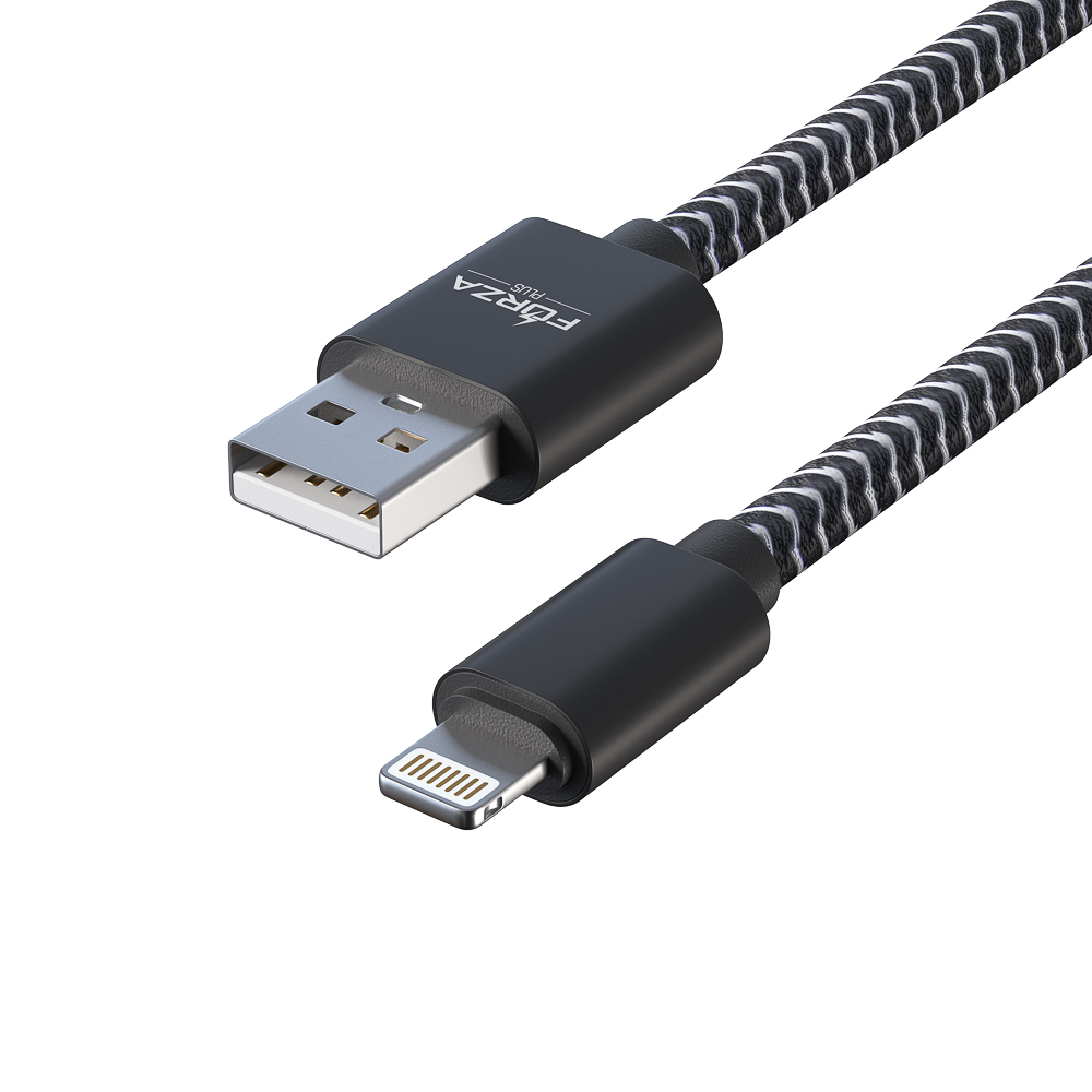 Кабель для зарядки USB(A)-iP FORZA Волна, 1м, 2А, тканевая оплётка, 4 цвета, пакет, арт.№ 916-231
