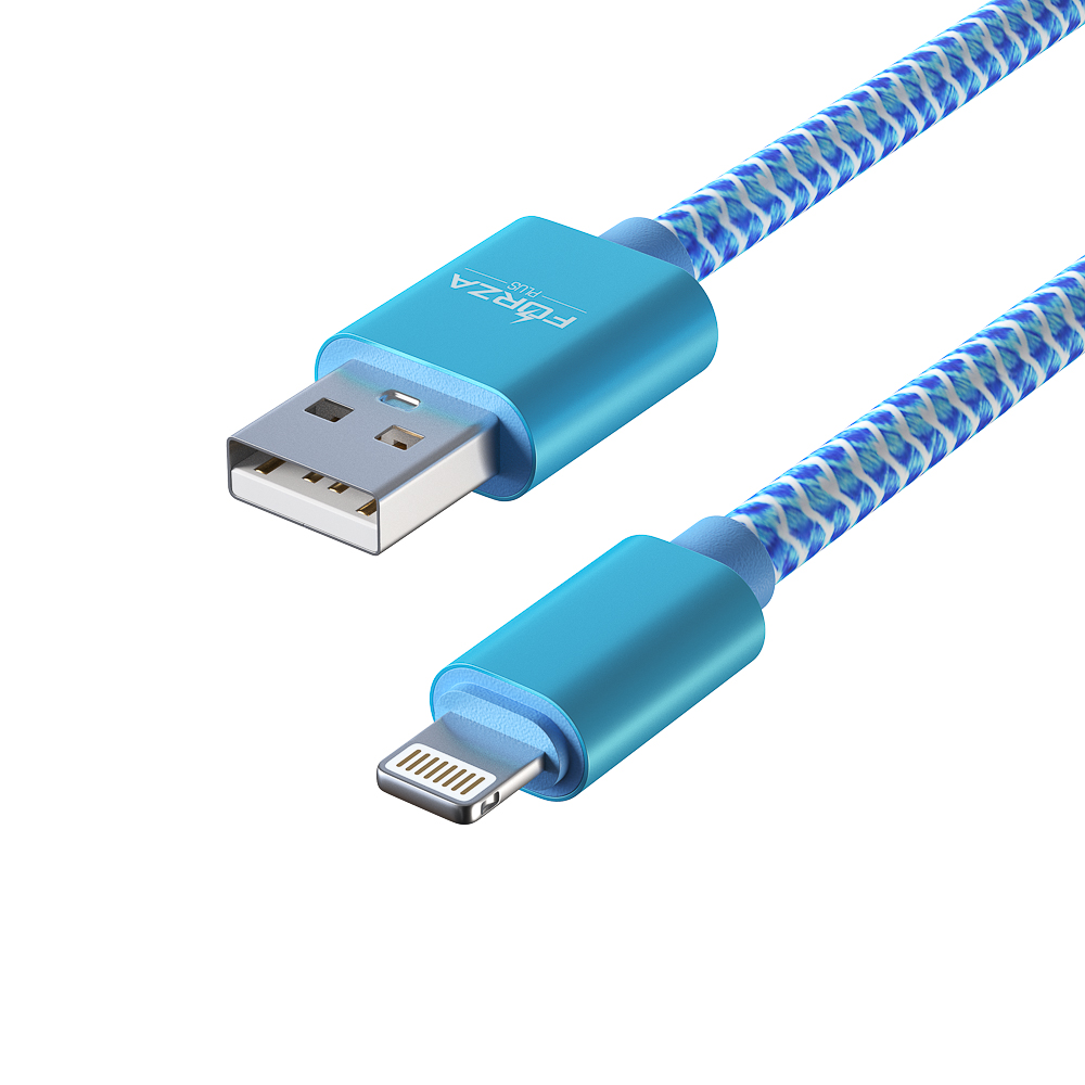 Кабель для зарядки USB(A)-iP FORZA Волна, 1м, 2А, тканевая оплётка, 4 цвета, пакет, арт.№ 916-231