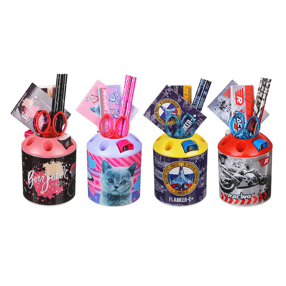 Набор канц.в стакане, 8 предметов: линейка,2карандаша, точилка, ластик, ножницы, блокнот, 4 дизайна, арт.№ 234-030