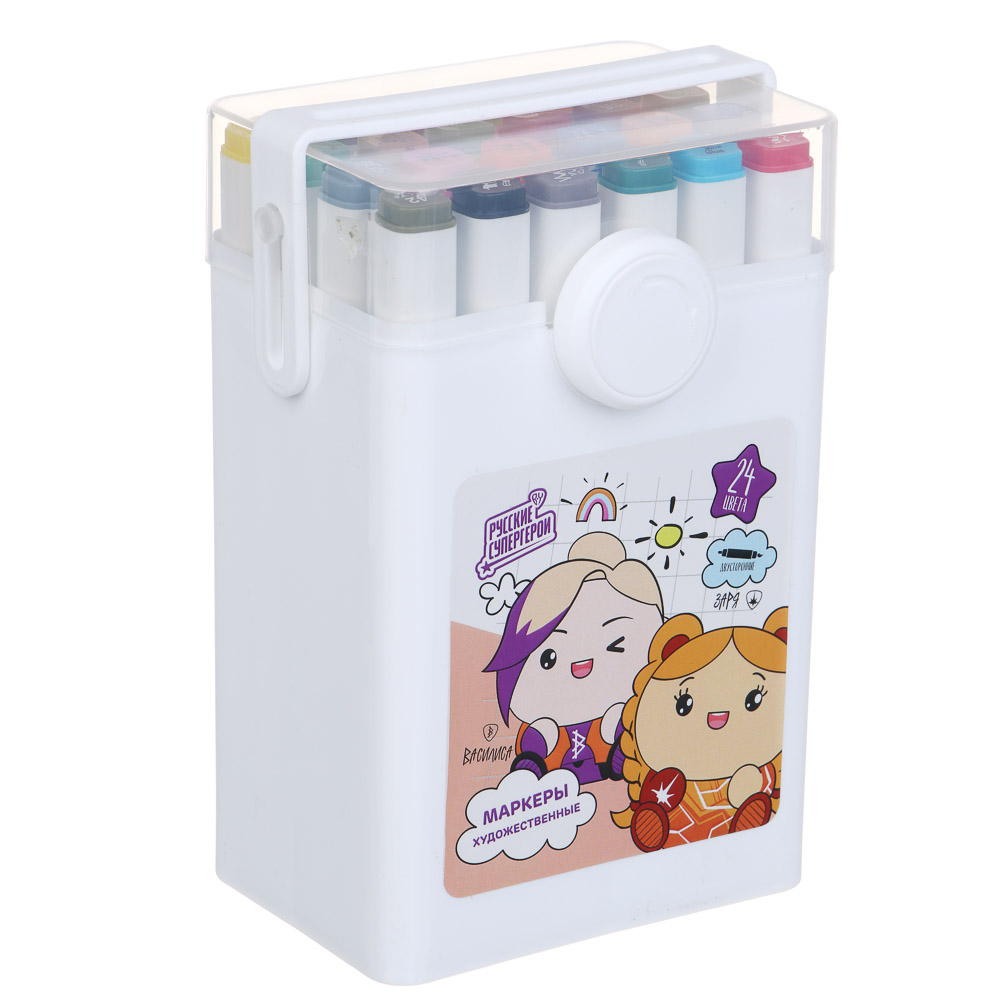 BY Русские Супергерои Набор маркеров худ., 2-стор., круг.након./кисточка, 24 цв., "Кавай", пл.бокс, арт.№ 613-095