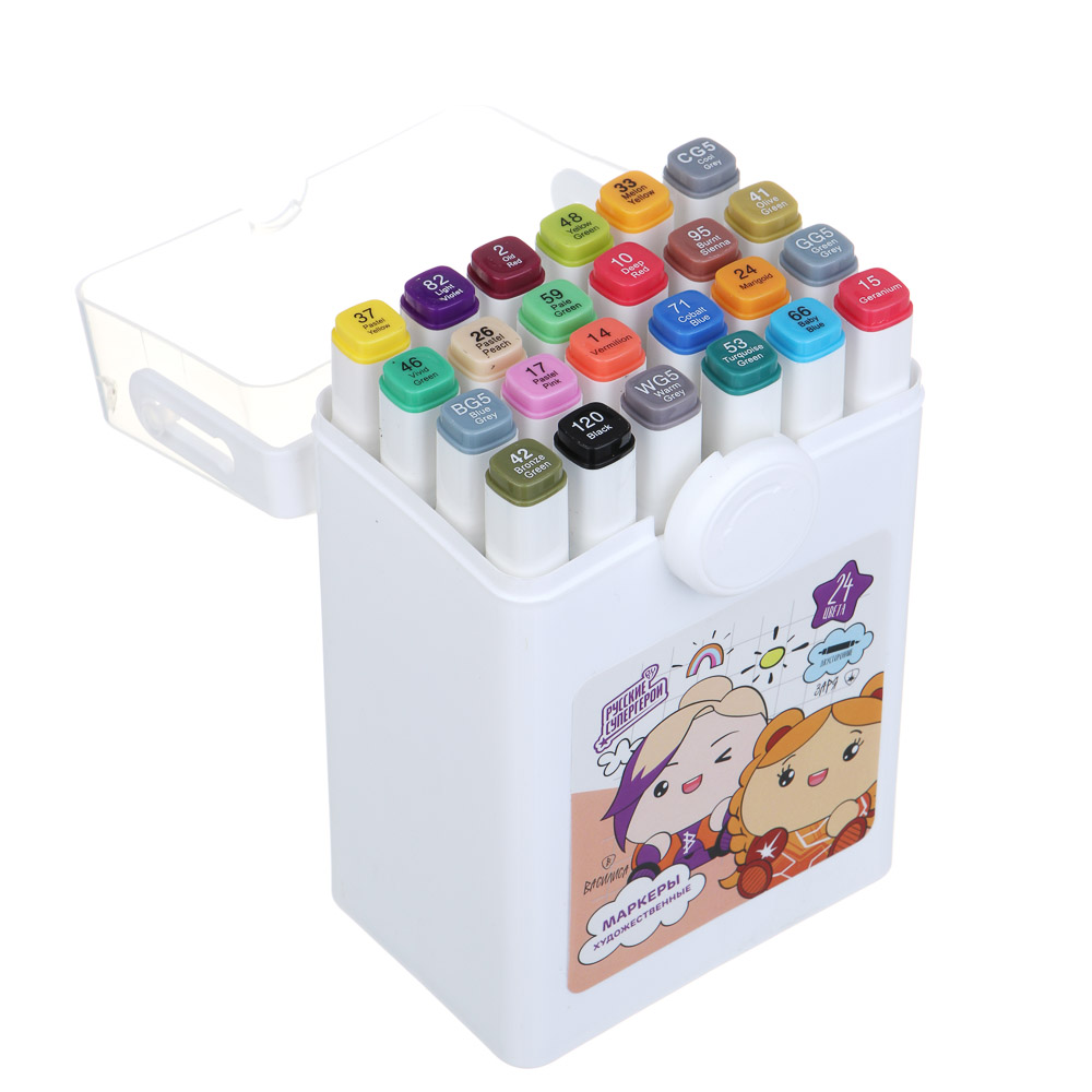 BY Русские Супергерои Набор маркеров худ., 2-стор., круг.након./кисточка, 24 цв., "Кавай", пл.бокс, арт.№ 613-095