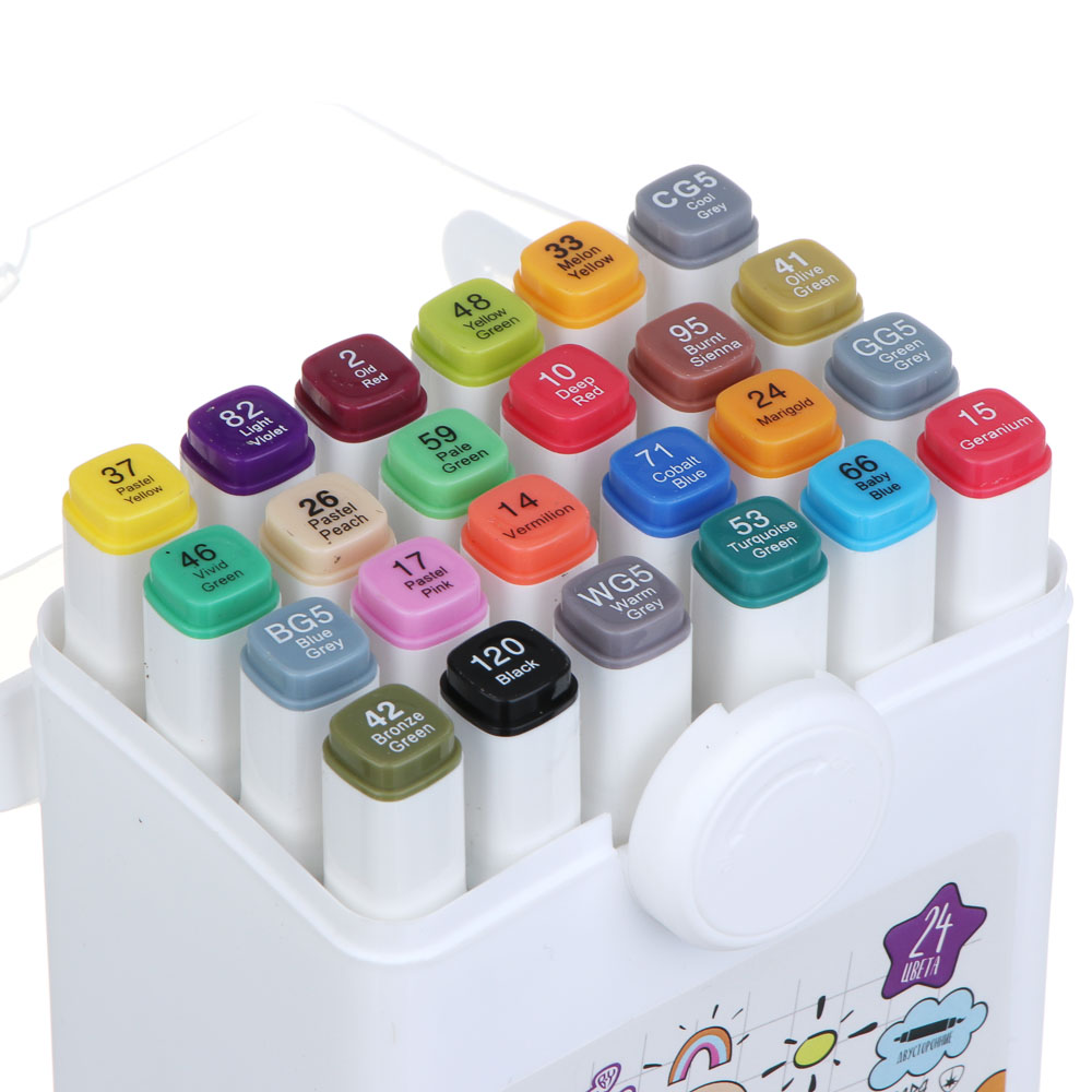 BY Русские Супергерои Набор маркеров худ., 2-стор., круг.након./кисточка, 24 цв., "Кавай", пл.бокс, арт.№ 613-095