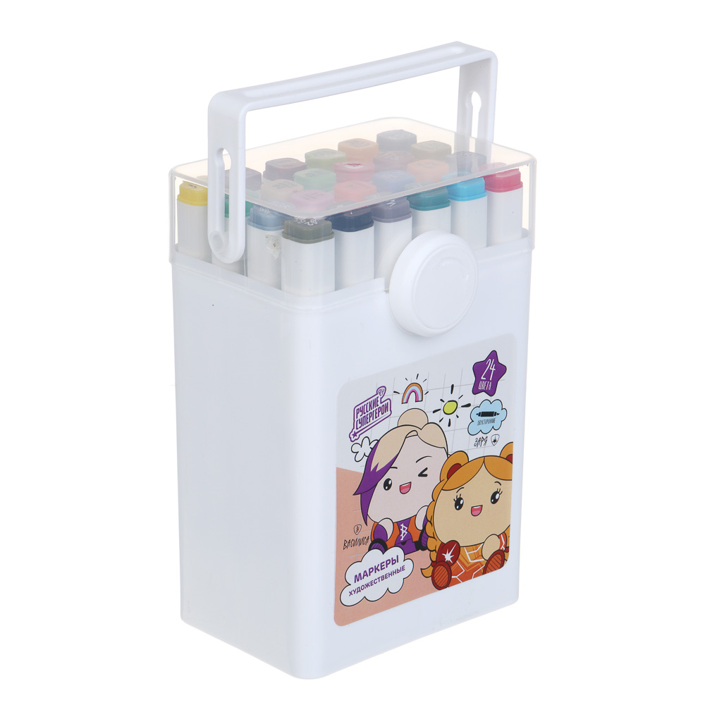 BY Русские Супергерои Набор маркеров худ., 2-стор., круг.након./кисточка, 24 цв., "Кавай", пл.бокс, арт.№ 613-095