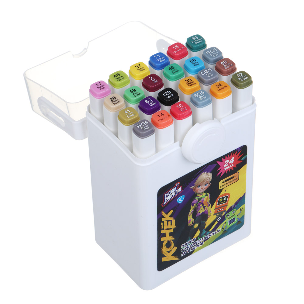 BY Русские Супергерои Набор маркеров худ., 2-стор., круг.нак./кист., 24цв., "Конек джуниор", пл.бокс, арт.№ 613-096