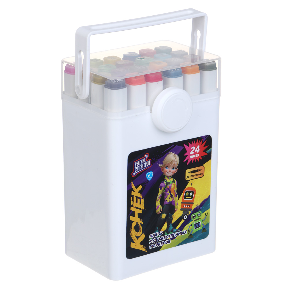 BY Русские Супергерои Набор маркеров худ., 2-стор., круг.нак./кист., 24цв., "Конек джуниор", пл.бокс, арт.№ 613-096