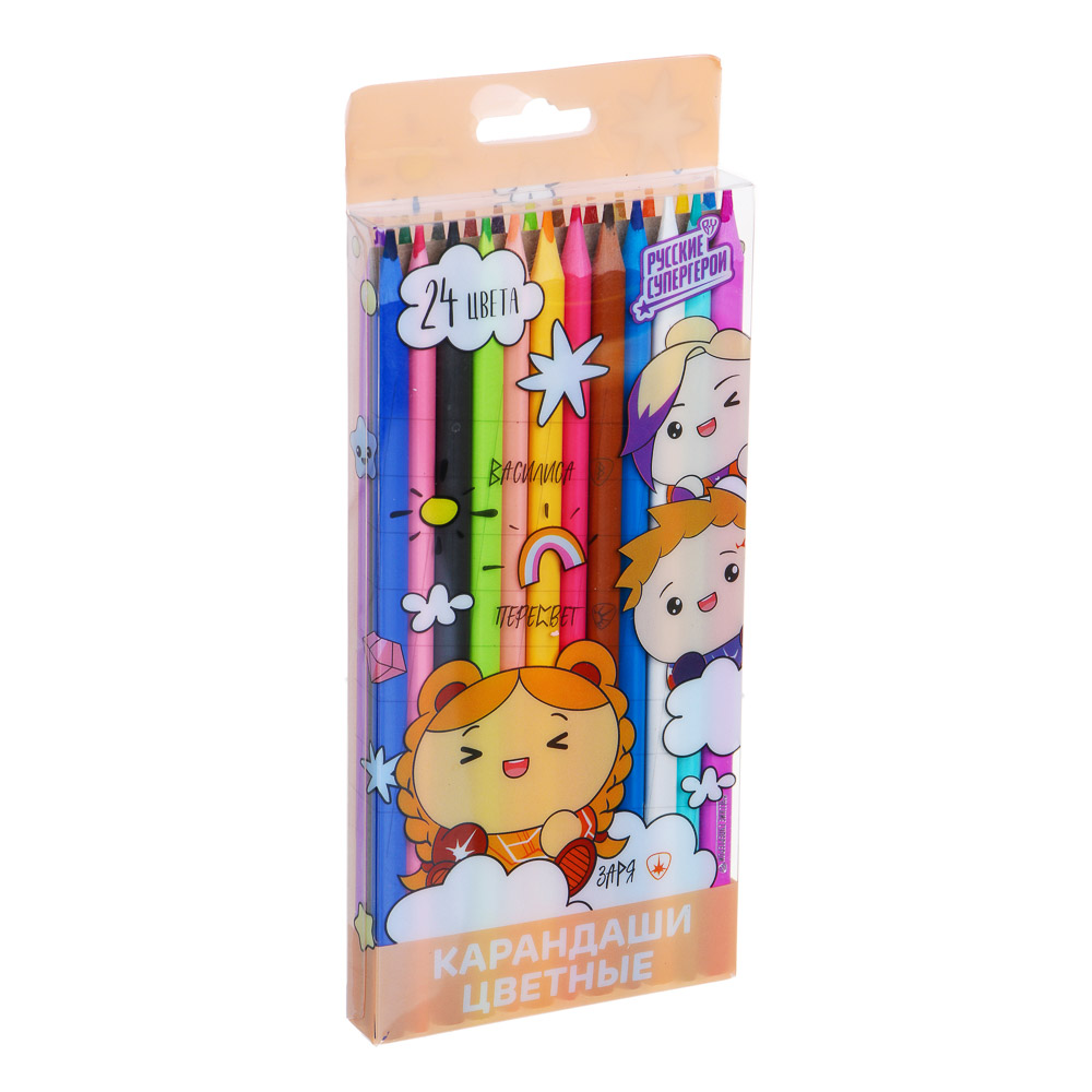 BY Русские Супергерои Карандаши 24 цв., 3х-гр., прокрас в массе, яркий грифель, "Кавай", пл.,бокс, арт.№ 228-011