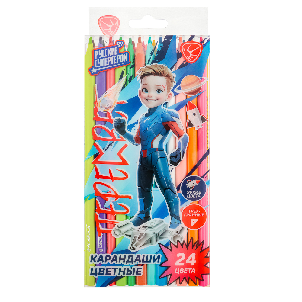 BY Русские Супергерои Карандаши 24 цв., 3х-гр., прокрас в массе, яркий гриф., пл.,"Пересвет джуниор", арт.№ 228-013