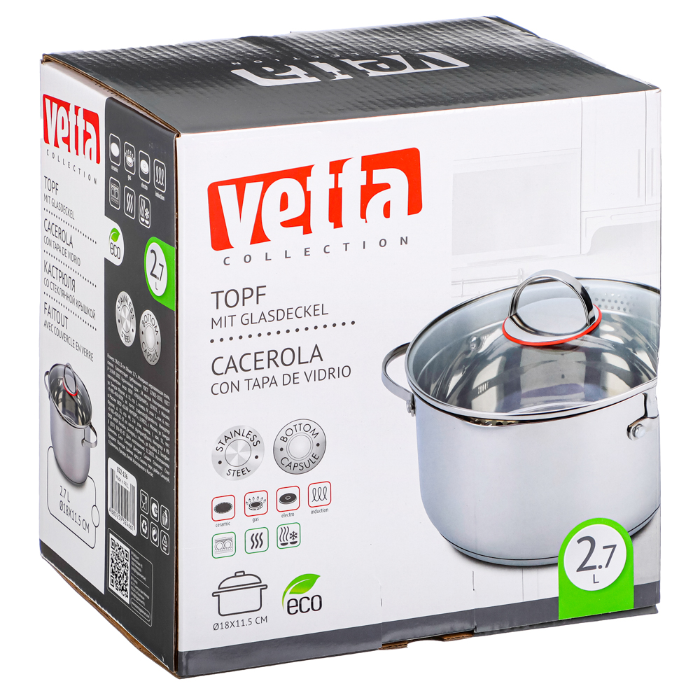 VETTA Бирмингем Кастрюля 18х11,5см, 2,7л, со стекл. крышкой, индукция, арт.№ 822-136
