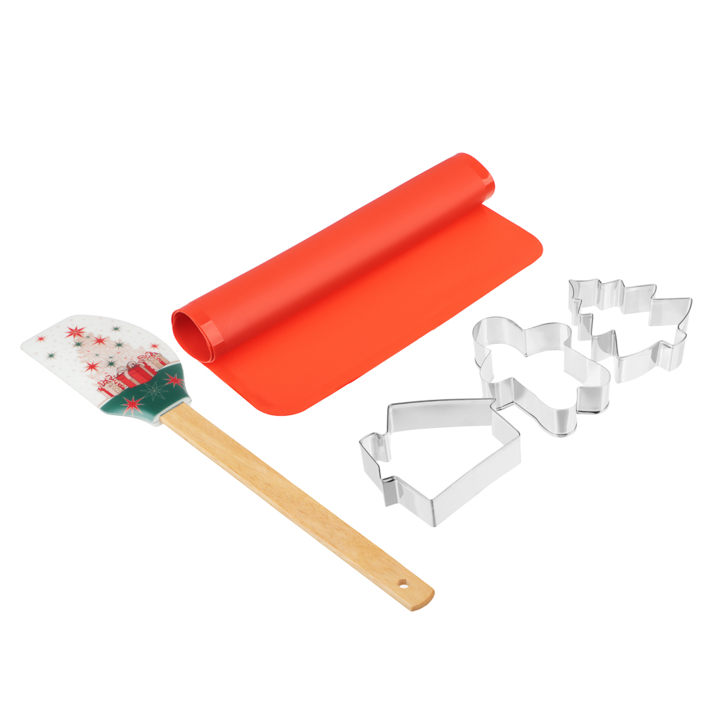 Новогодняя коллекция Набор 5 пр., коврик для выпечки, лопатка, формы для печенья 3 шт нерж.сталь,сер, арт.№ 856-221
