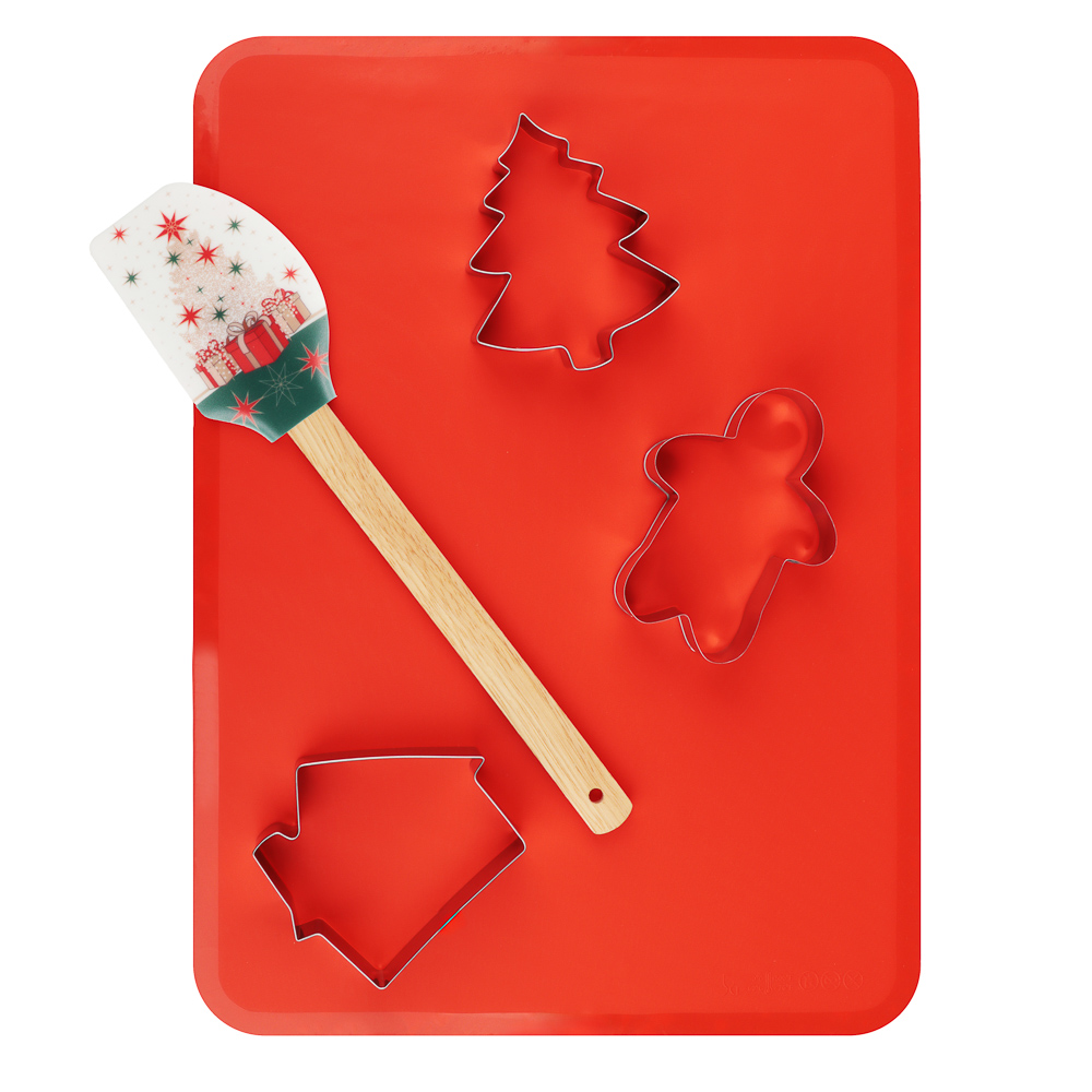Новогодняя коллекция Набор 5 пр., коврик для выпечки, лопатка, формы для печенья 3 шт нерж.сталь,сер, арт.№ 856-221