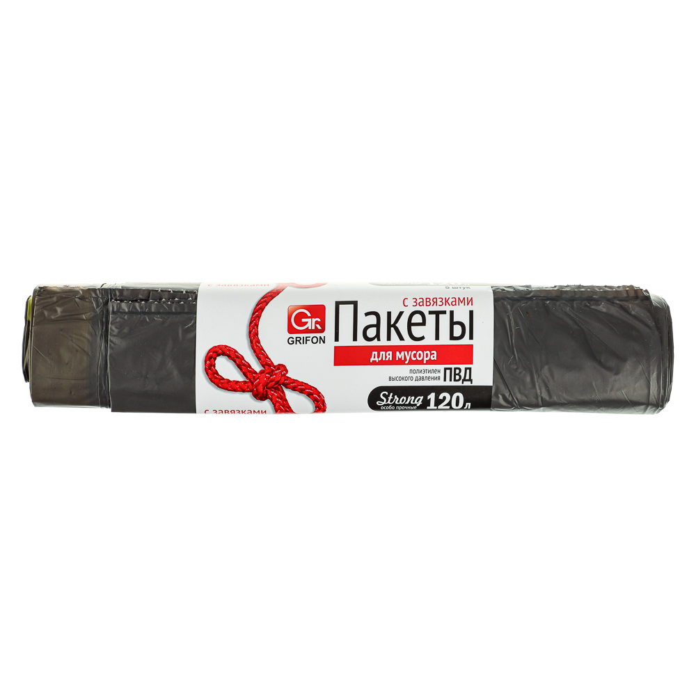 GRIFON Мешки для мусора БИО, 120 л., 5 шт. с завязками, прочные ПВД, рулон, арт.№ 449-034