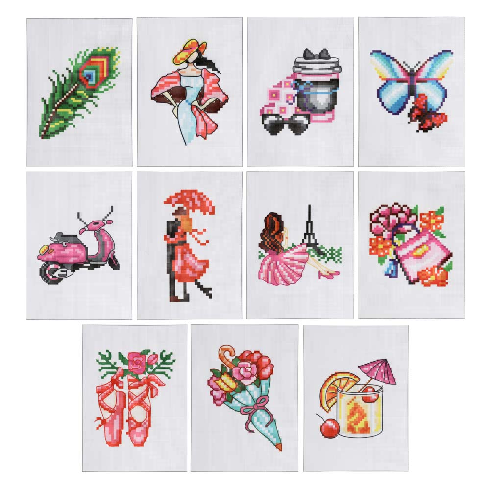 Набор для вышивания крестиком, канва, нити, игла, 20x27,5см, 12 дизайнов, арт.№ 366-209