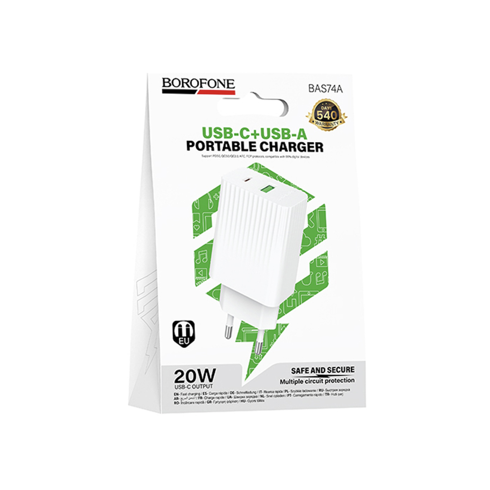 Сетевое зарядное устройство BOROFONE модель BAS74A, 1xUSB-C PD, 1xUSB-A QC 20W, цвет: белый, арт.№ 916-306