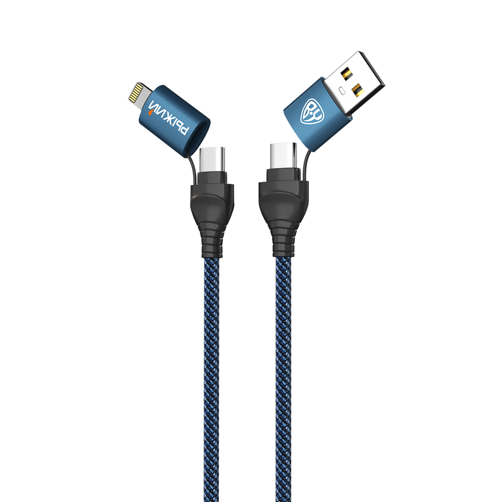 BY Рыжий Кабель для зарядки Diverse 4в1 USB/iP/microUSB/Type-C, 1м,  3А, PD 65W, тканевый, черный, арт.№ 931-526
