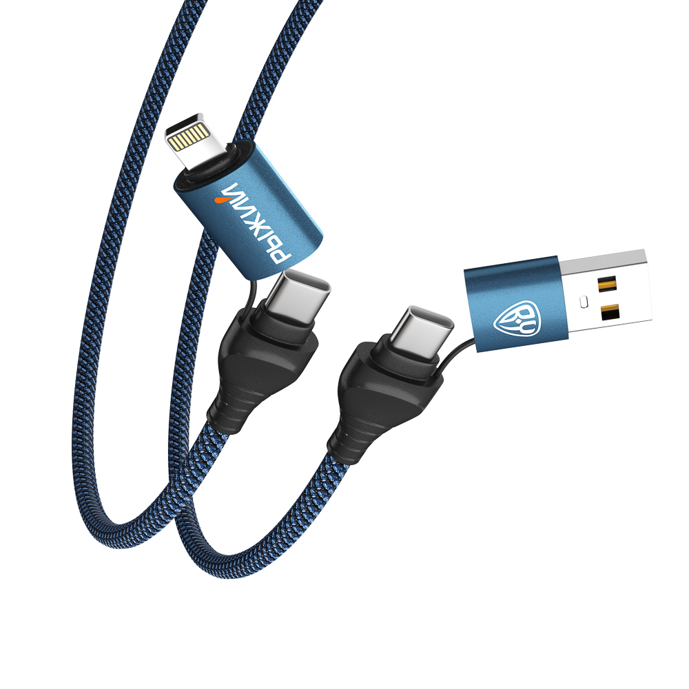 BY Рыжий Кабель для зарядки Diverse 4в1 USB/iP/microUSB/Type-C, 1м,  3А, PD 65W, тканевый, черный, арт.№ 931-526