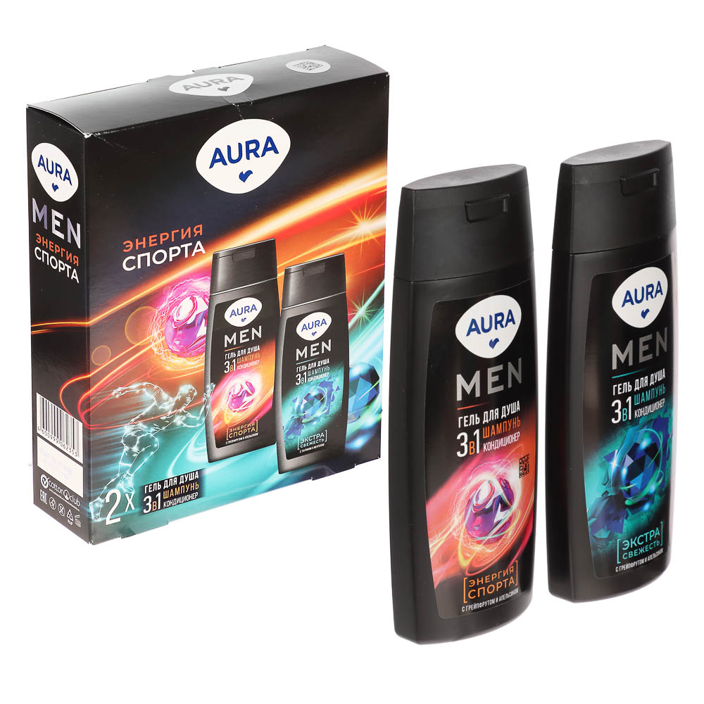 Подарочный набор мужской AURA MEN Энергия спорта: Гель д/душа 3в1, 250мл+Гель д/душа 3в1, 250мл, арт.№ 954-056