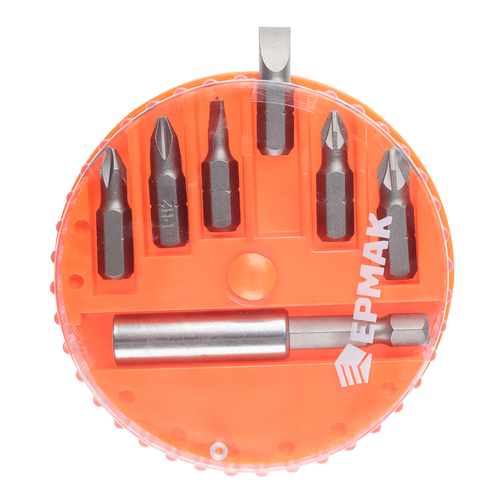 ЕРМАК Биты для шуруповерта, набор 7шт.,магнитный адаптер для бит, биты 25 мм, пластиковый кейс, арт.№ 601-048