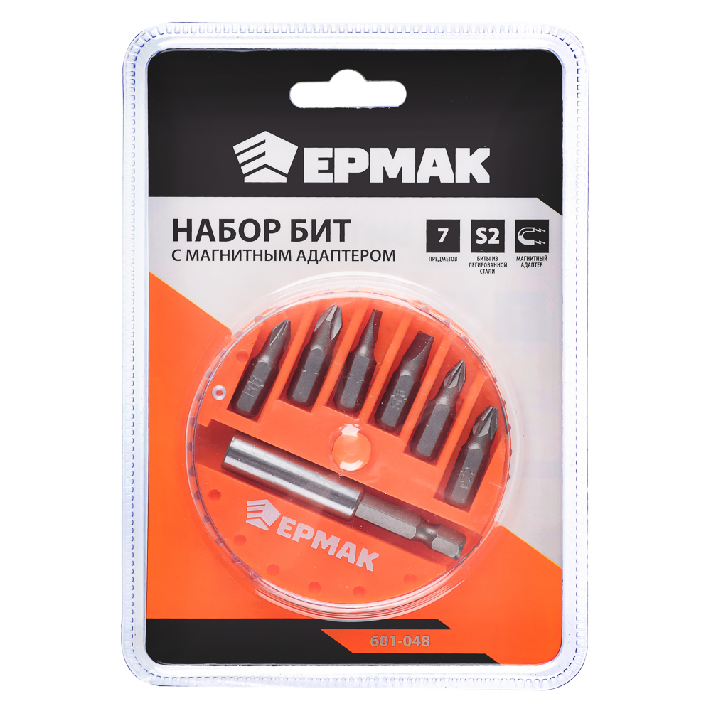 ЕРМАК Биты для шуруповерта, набор 7шт.,магнитный адаптер для бит, биты 25 мм, пластиковый кейс, арт.№ 601-048