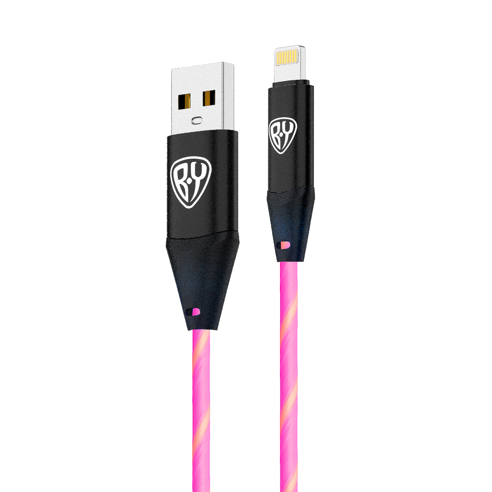 BY Кабель для зарядки Светящийся iP, 1м, 2.4А, Быстрая зарядка, LED подсветка розовая, Заря, арт.№ 931-210