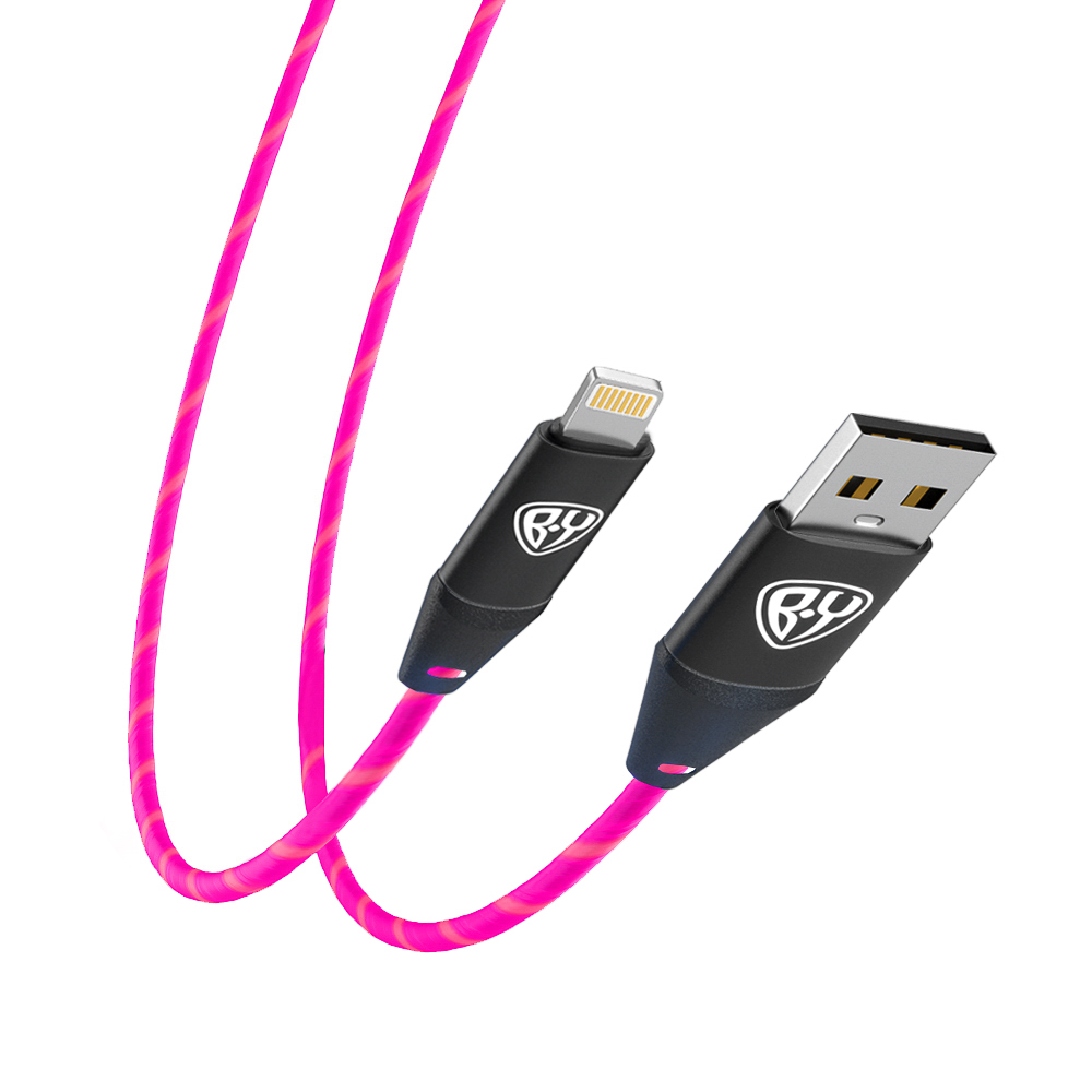 BY Кабель для зарядки Светящийся iP, 1м, 2.4А, Быстрая зарядка, LED подсветка розовая, Заря, арт.№ 931-210