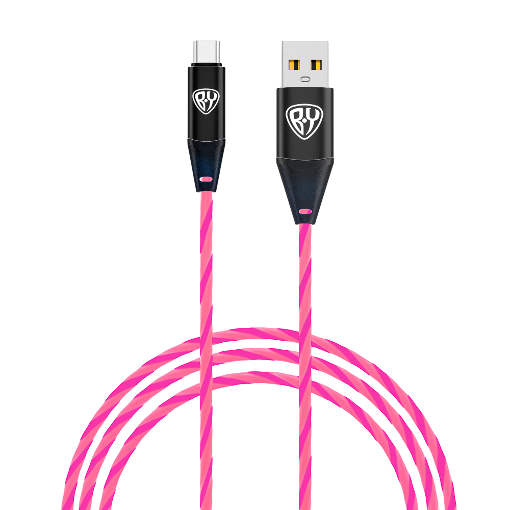 BY Кабель для зарядки Светящийся Type-C, 1м, 2.4А, Быстрая зарядка, LED подсветка розовая, Заря, арт.№ 931-212