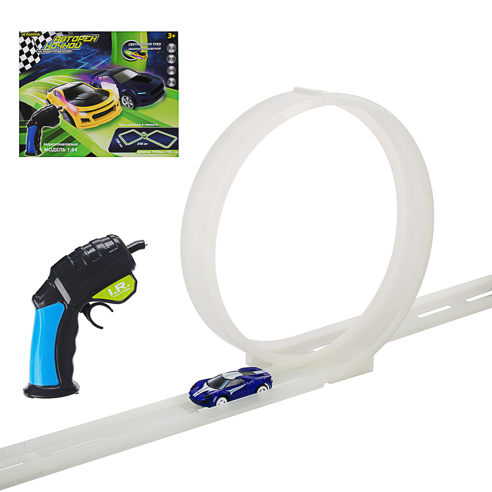 ИГРОЛЕНД Автотрек ночной  с мертвой петлей  и беспроводным ПУ, светящийся, 2АА, PP, PS, 44х35х6см, арт.№ 276-107